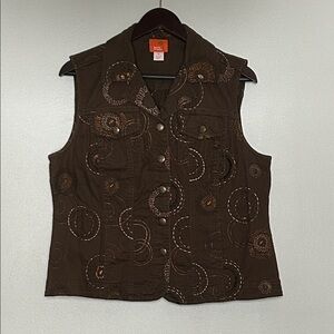 Hearts of Palm Dark Olive/Brown Sleeveless Denim Embroidered Vest size 14